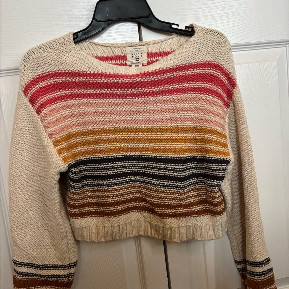 Billabong Women's Striped Crew Neck Sweater - Red, Orange, Cream, Black